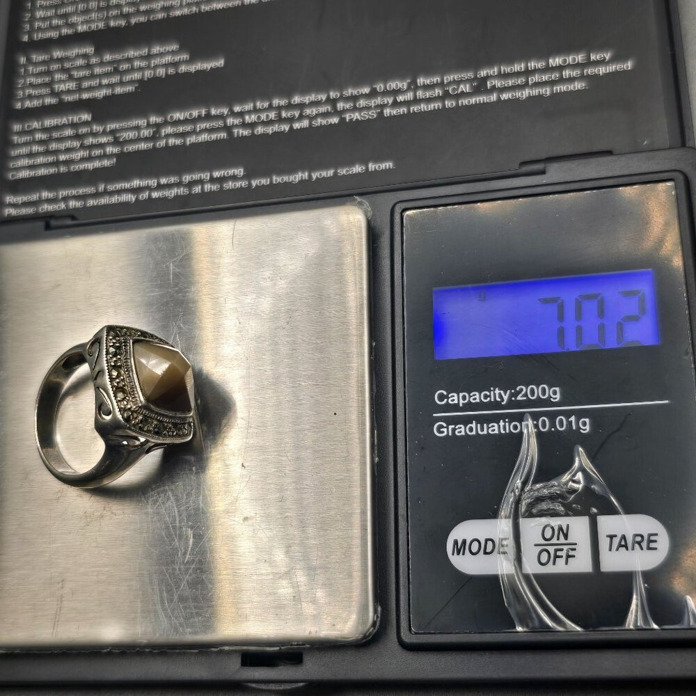 Sterling Silver 925 Smokey Quartz Marcasite Ring Size 8 Checkerboard Dome 7.02g - Picture 2 of 15